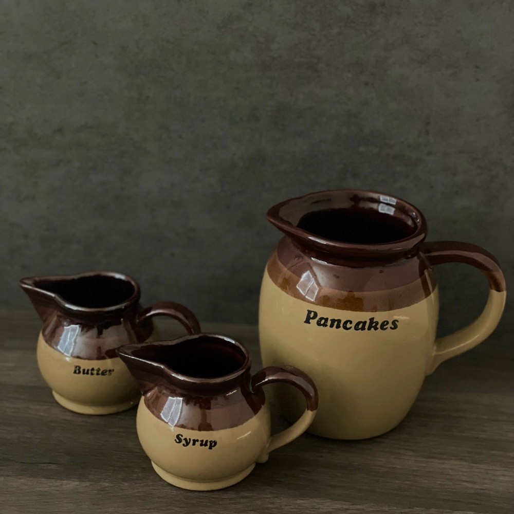 1970’s glazed stoneware pancake, syrup and butter pitchers set of 3